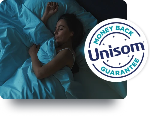 A woman in bed, sleeping, and the Unisom Money Back Guarantee seal.